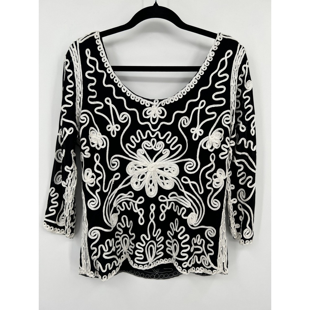 Cartise International Black White Soutache Embroidered Mesh Top V-Neck Size 12 - Picture 12 of 15